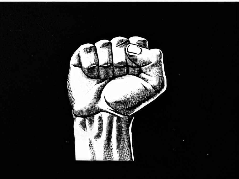 A Clenched Fist Emblematic Of Both Power And Protest Striking Through A Backdrop Of Chaos And Turm (1)