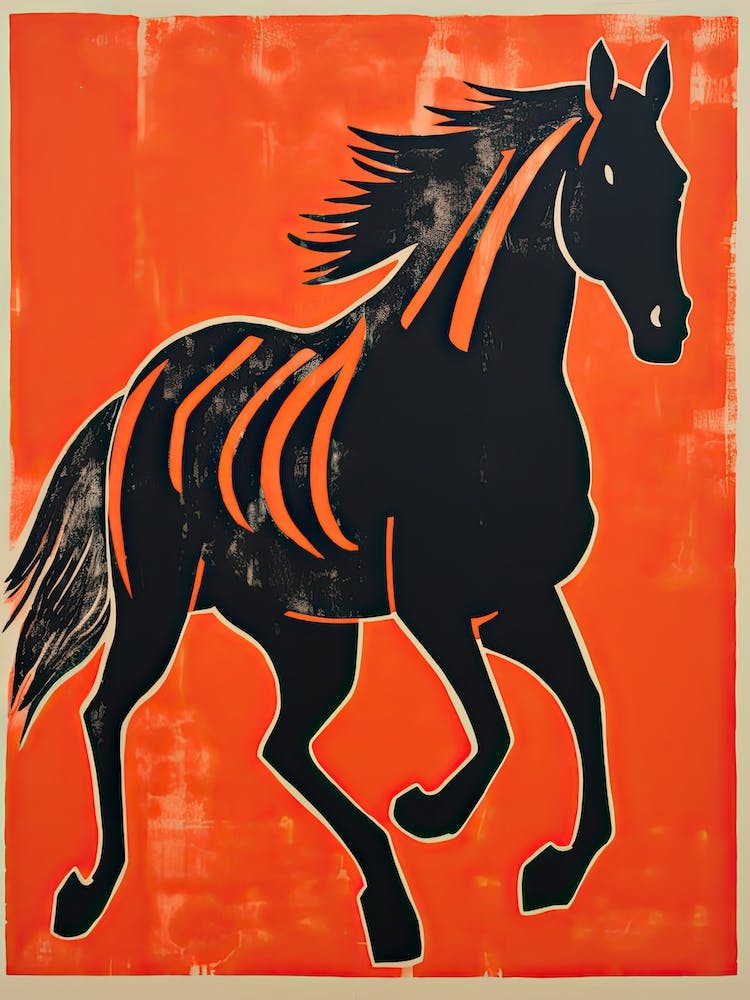 Black Horse, Woodblock Animal  Drawing 8