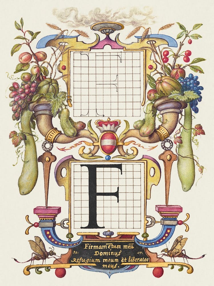 Guide For Constructing The Letter F From Mira Calligraphiae Monumenta, Joris Hoefnagel