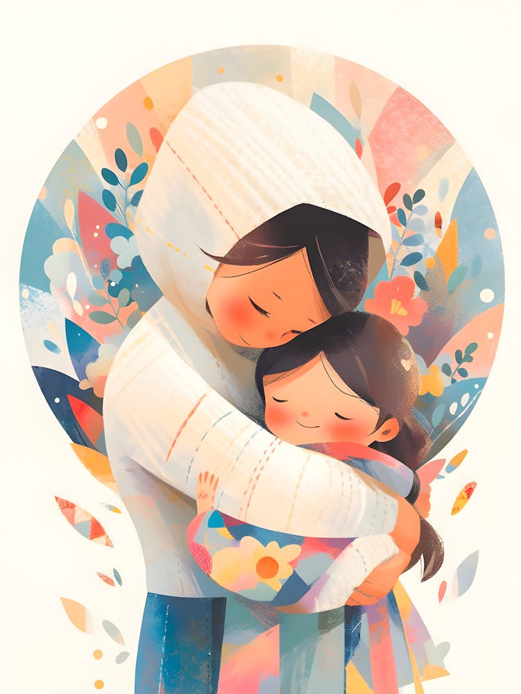 Cozy Mother-Daughter Hug Illustration – Whimsical Floral Home