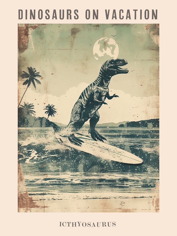 Vintage Icthyosaurus Dinosaur On A Surf Board 1 Poster