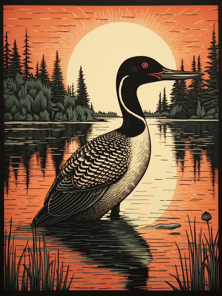 Vintage Bird Linocut Loon 3