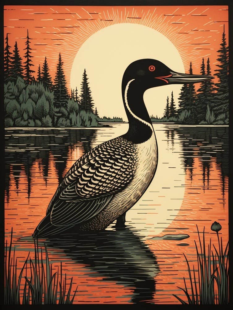Vintage Bird Linocut Loon 3