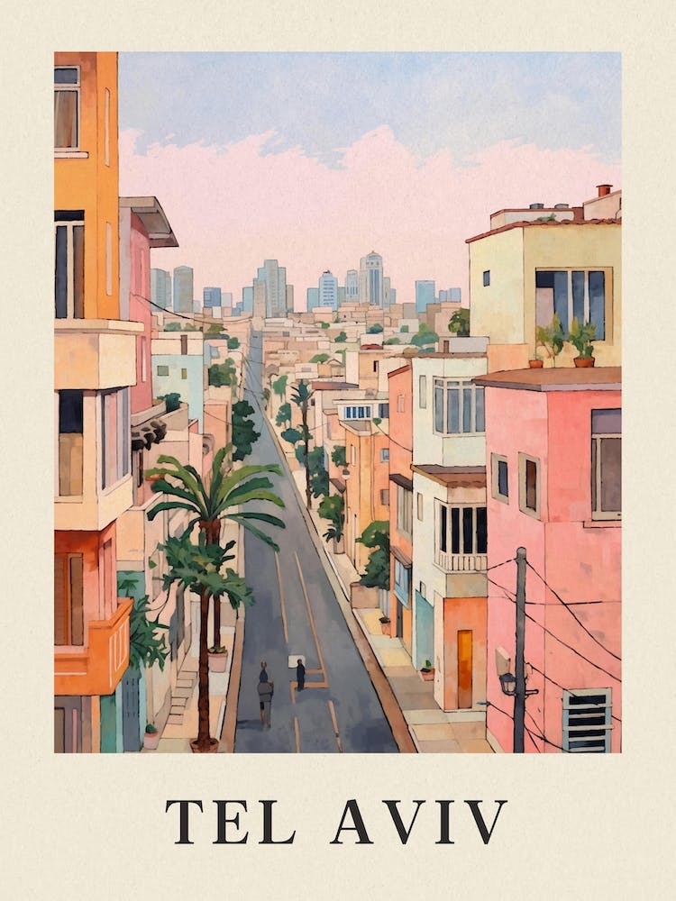 Tel Aviv Israel 4 Vintage Pink Travel Illustration Poster