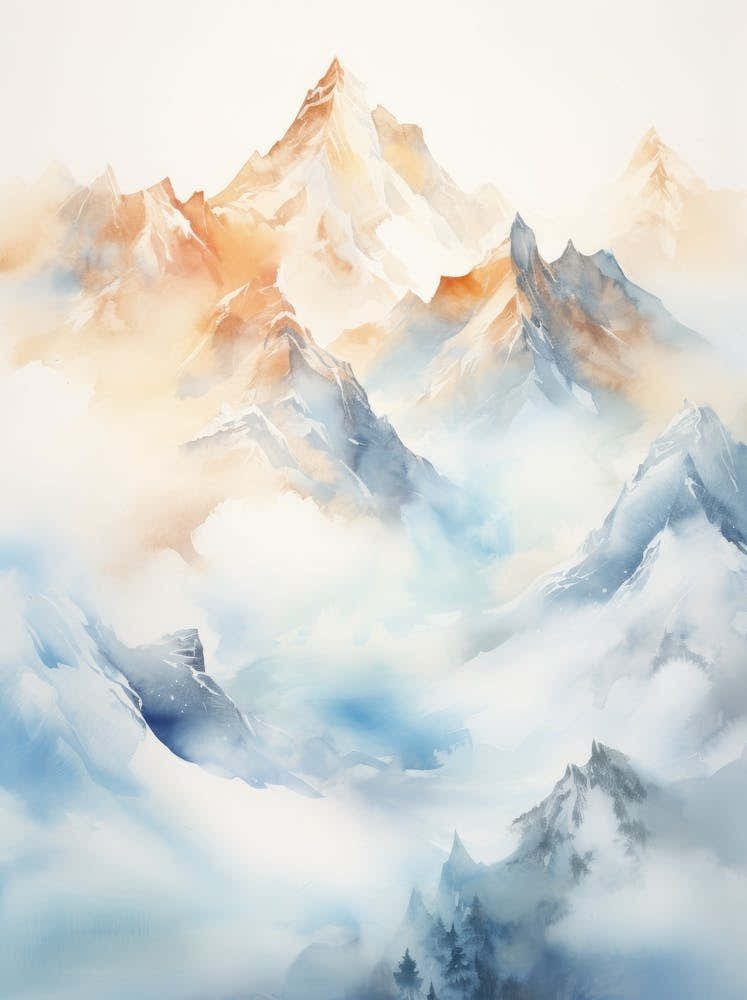 Watercolor Mountains With Clouds