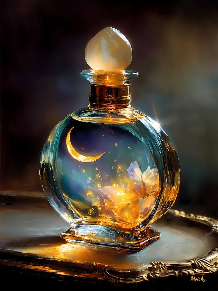 Moonlight Symphony, Magical Perfume Bottle Art, crescent moon