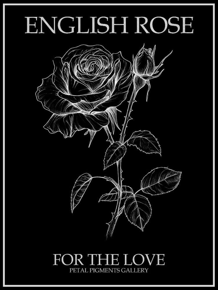 English Rose Black And White Line Drawing 41 Poster Inverted