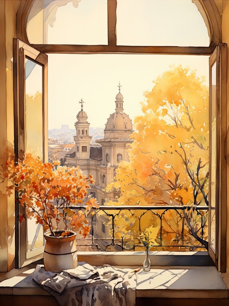 Window View Of Sofia Bulgaria In Autumn Fall, Watercolour 4