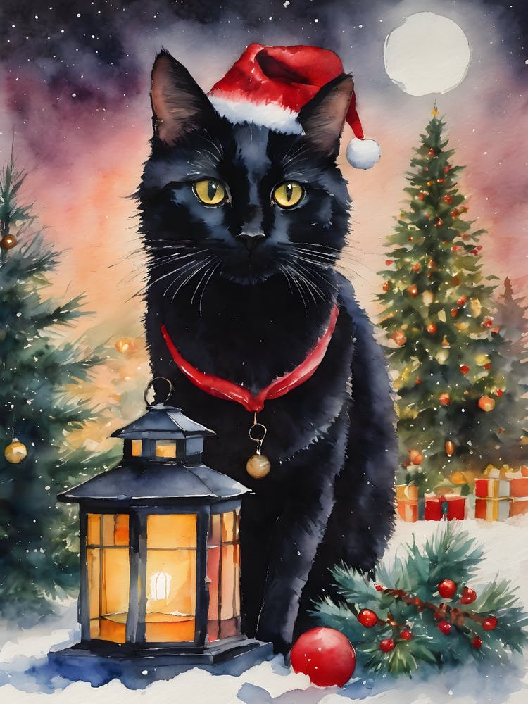 Christmas Black Cat - Watercolor Winter Scene of Beautiful Black Cat Wearing a Santa Hat By A Lantern and Holly and Xmas Trees on a Full Moon in the Snow - Yule Decor Pagan Prints Witchy Wall Art Greetings From The Black Cat Travels