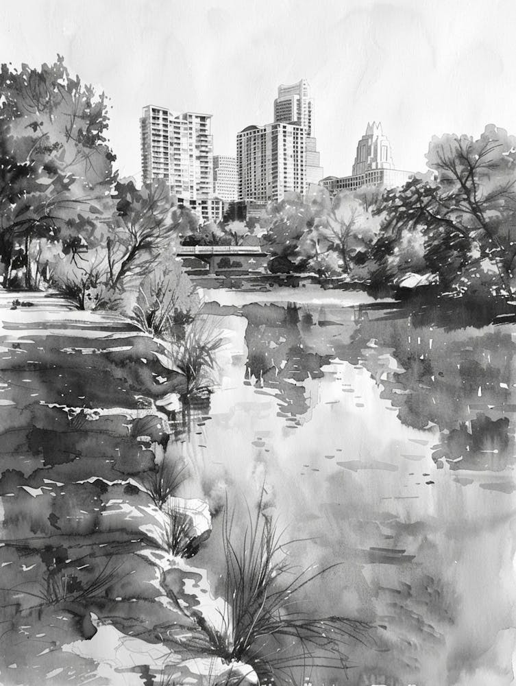 Laguna Gloria Austin Texas Black And White Watercolour 1