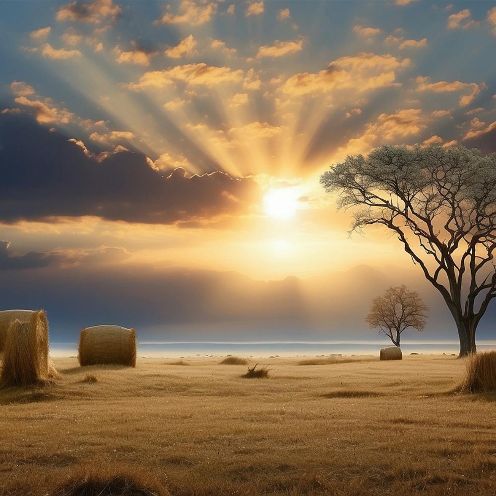 Sunset In The Field With Hay Bales