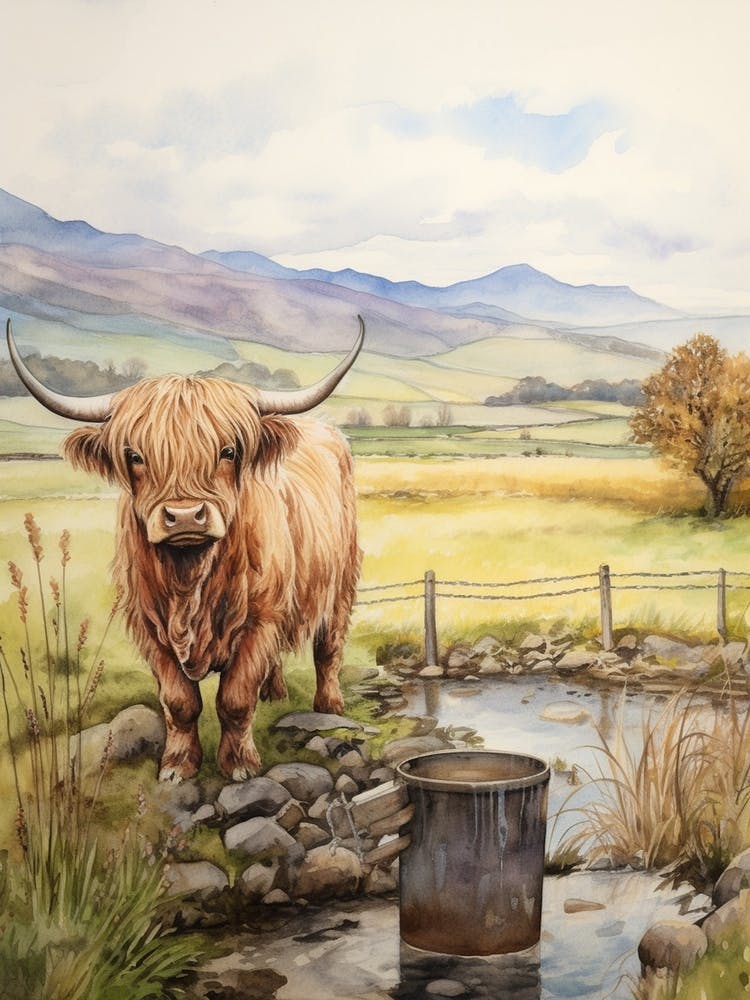 Highland Cow Drinking Water From Trough 1
