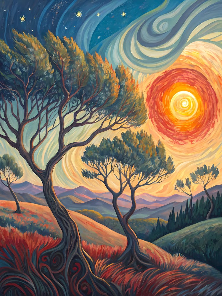 Van Gogh Paysage Vibrant Coucher de Soleil Surréaliste & Ciel Étoilé