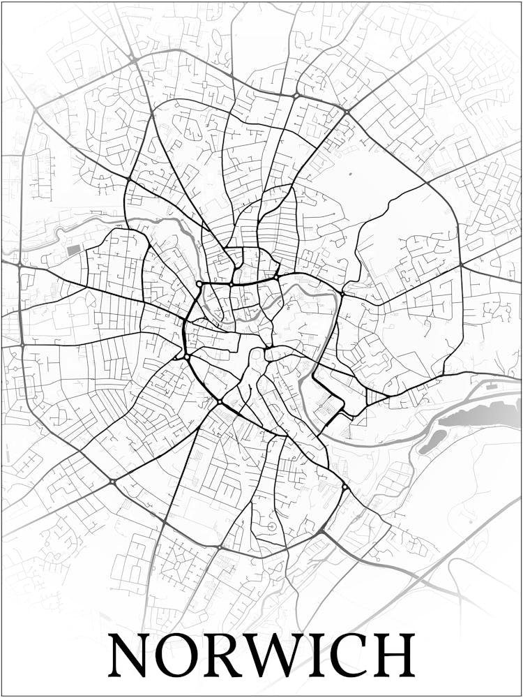 Norwich, England, Uk, City Map, Black And White Fade Design