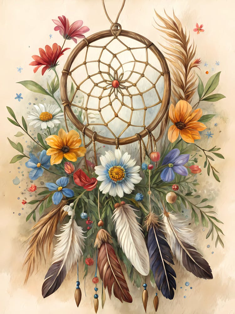 Dreamcatcher Design with Wildflowers Oil Painting Style