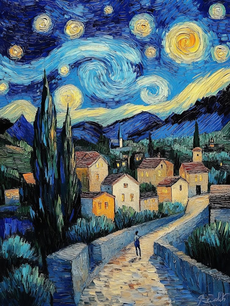 Starry Night Vincent Van Gogh Painting Style, Landscape In Blue Tones, Masterpiece 1