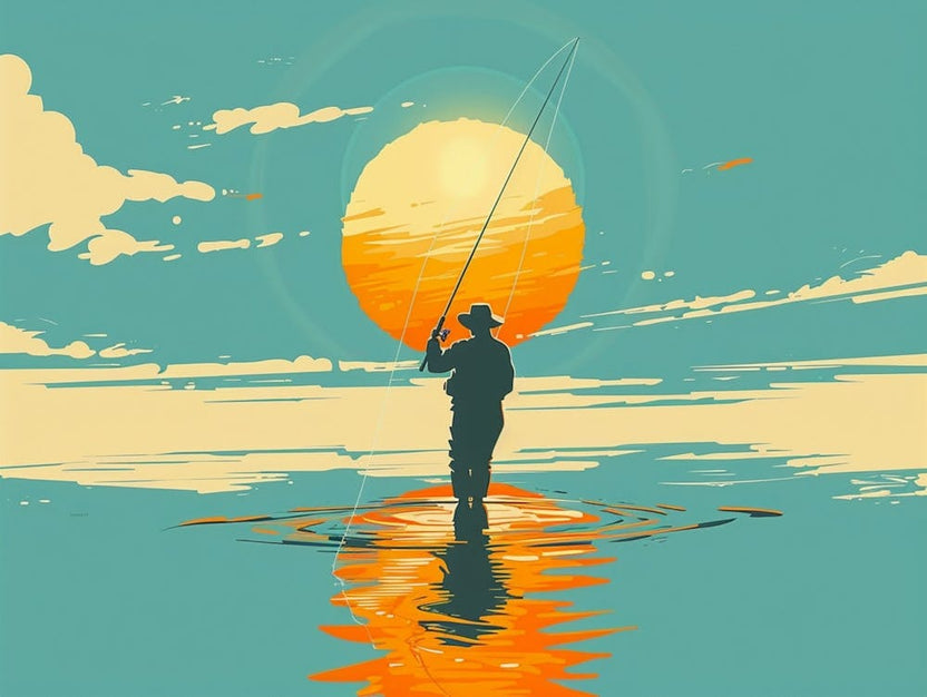 1970s Poster Style Vector Illustration A Man Standing In Water Fly Fishing, Wearing Wading Outfit, Swinging Up A Tall Fishing Pole, Lake Scene, Sun In Blue Sky With Clouds, Symmetrical 1