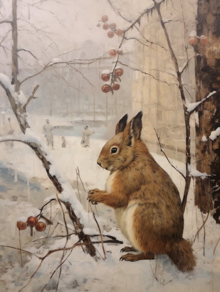 Peinture Vintage d'Animal Hivernal Écureuil Roux 3