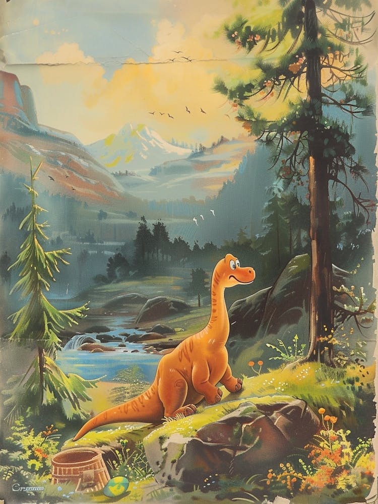 Cute Dinosaur In The Mountaneous Landscape Storybook Painting