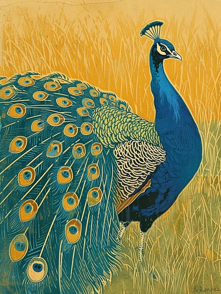Blue Mustard Peacock In The Grass Linocut Inspired 4