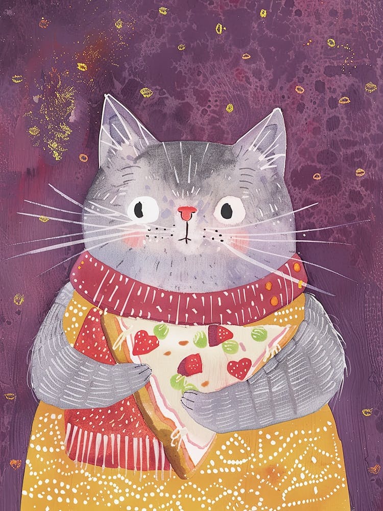 Grey Cat Eating A Pizza Slice Folk Illustration 3