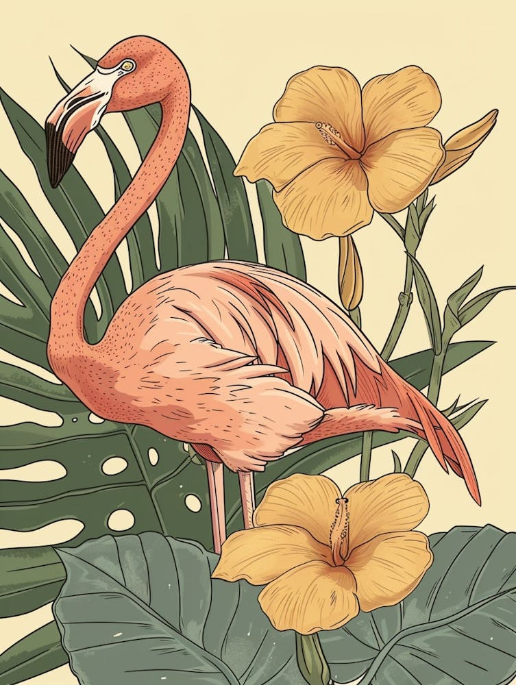Jamess Flamingo And Tiare Flower Minimalist Illustration 2