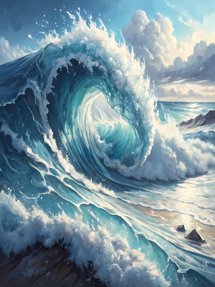 Dramatic Ocean Wave oil Painting Crashing Blue Sea with Foaming Surf Art