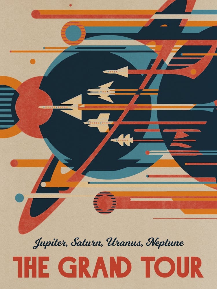 The Grand Tour: Jupiter, Saturn, Uranus, Neptune — Vintage space poster, retro space art, propaganda poster, retrofuturism, retro sci-fi