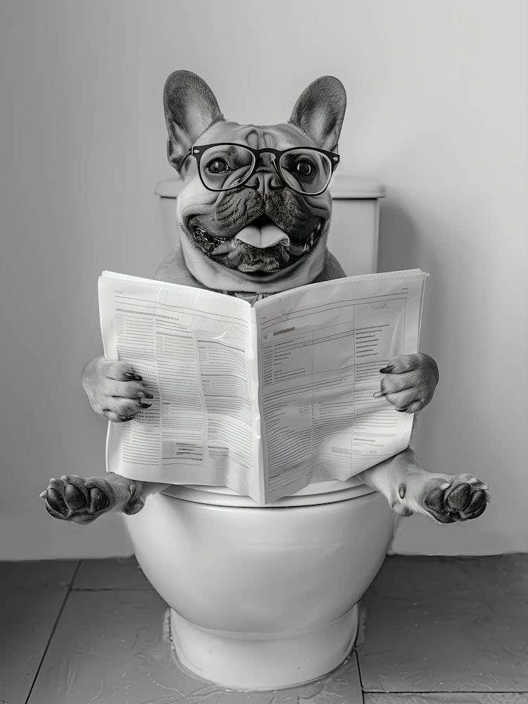 French Bulldog Sitting On Toilet Wall Art, Frenchie Dog Reading Newspaper, Black And White Print, Funny Dog Poster, Bathroom Wall Decor