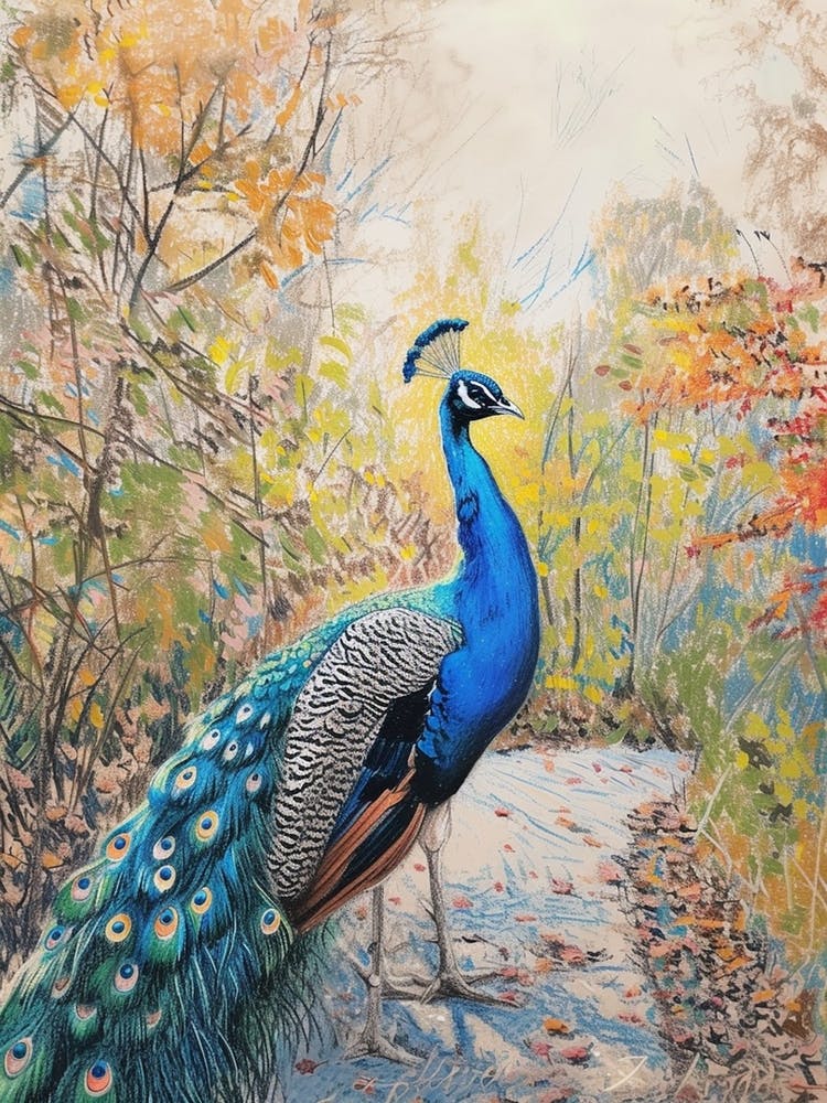 Peacock On The Path Scribble Portrait 3