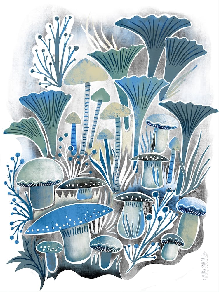 Funghi Forest Silver Blue Screenprint