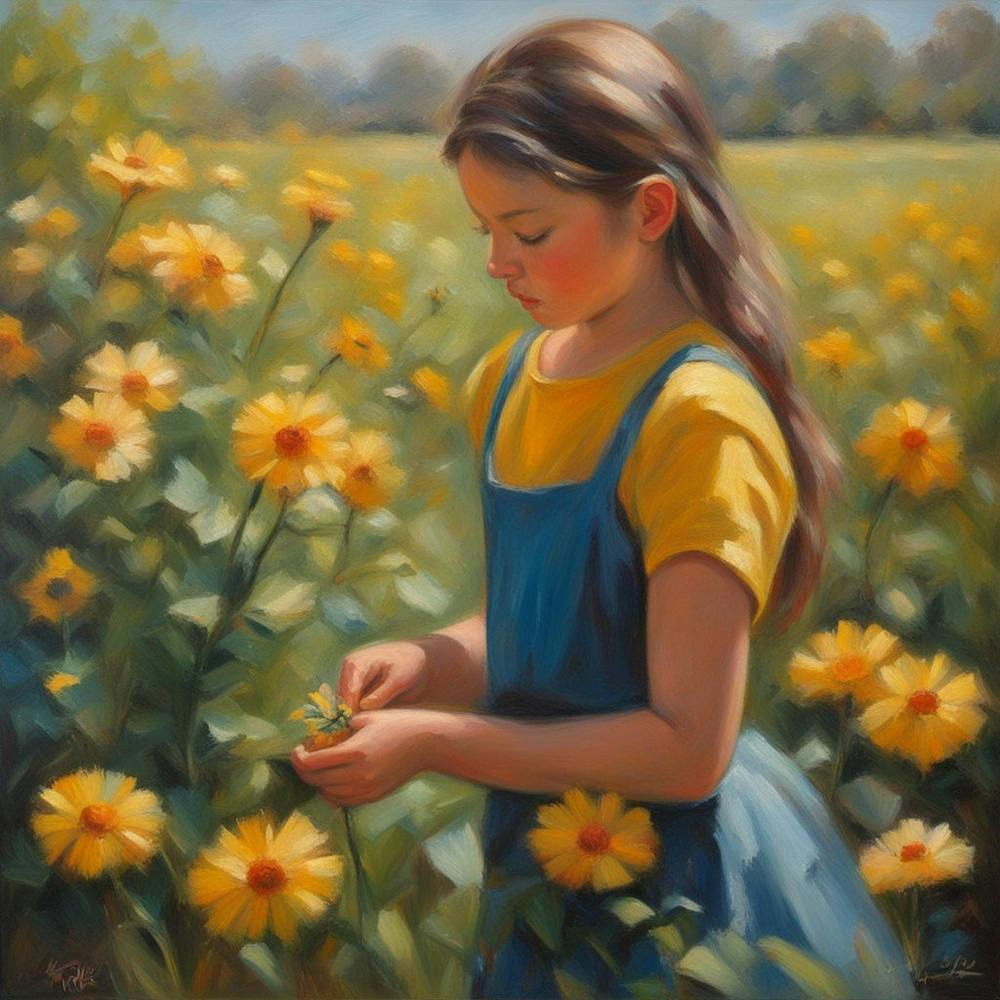 An Impresionist Oil Painting Of A Girl Plucking Th