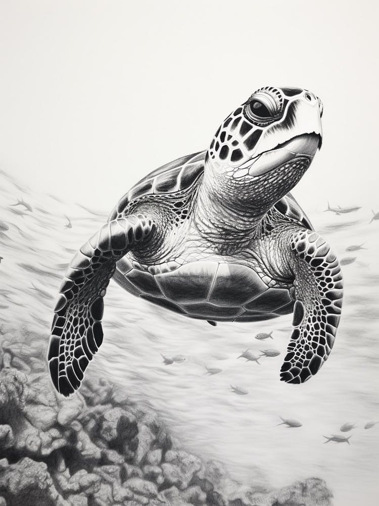 Detailed Black And White Sea Turtle Illustration