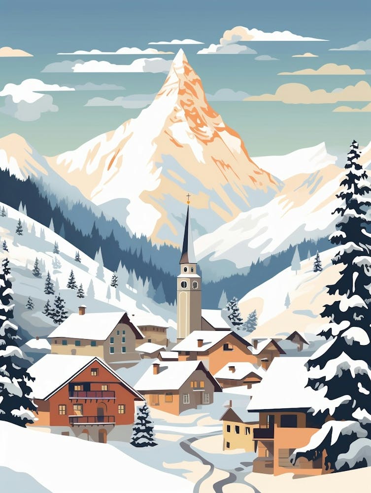 Vintage Winter Travel Illustration Lech Austria 2