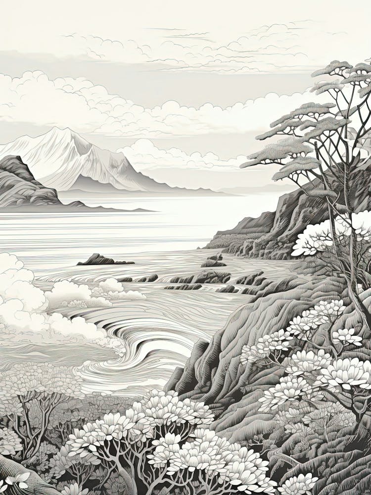 Shiretoko Peninsula In Hokkaido, Ukiyo E Black And White Line Art Drawing 4