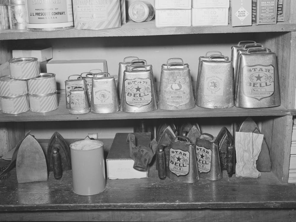 Cowbells, Hardware Store, San Augustine, Texas By Russell Lee
