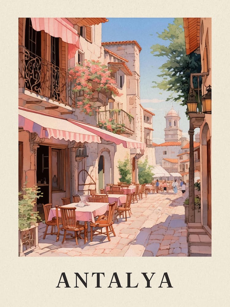 Antalya Türkei 6 Vintage Rosa Reiseillustration Poster