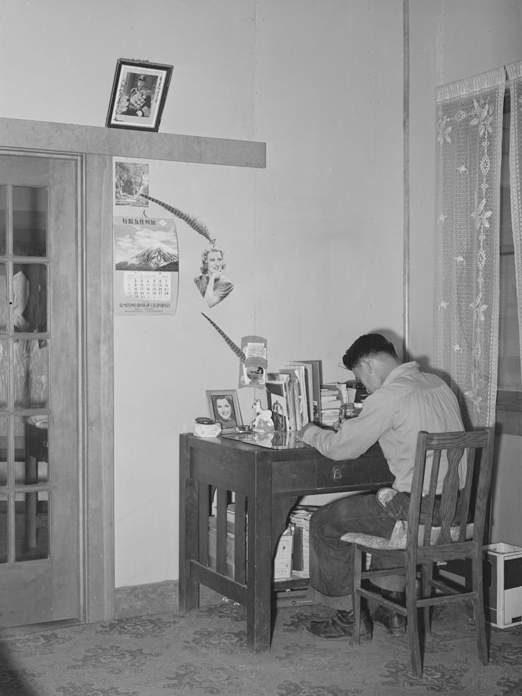 Son Of Japanese Fruit Farmer At His Desk, Placer County, California By Russell Lee