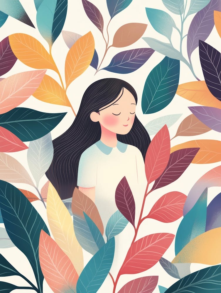 Illustration Of A Girl Surrounded By Leaves