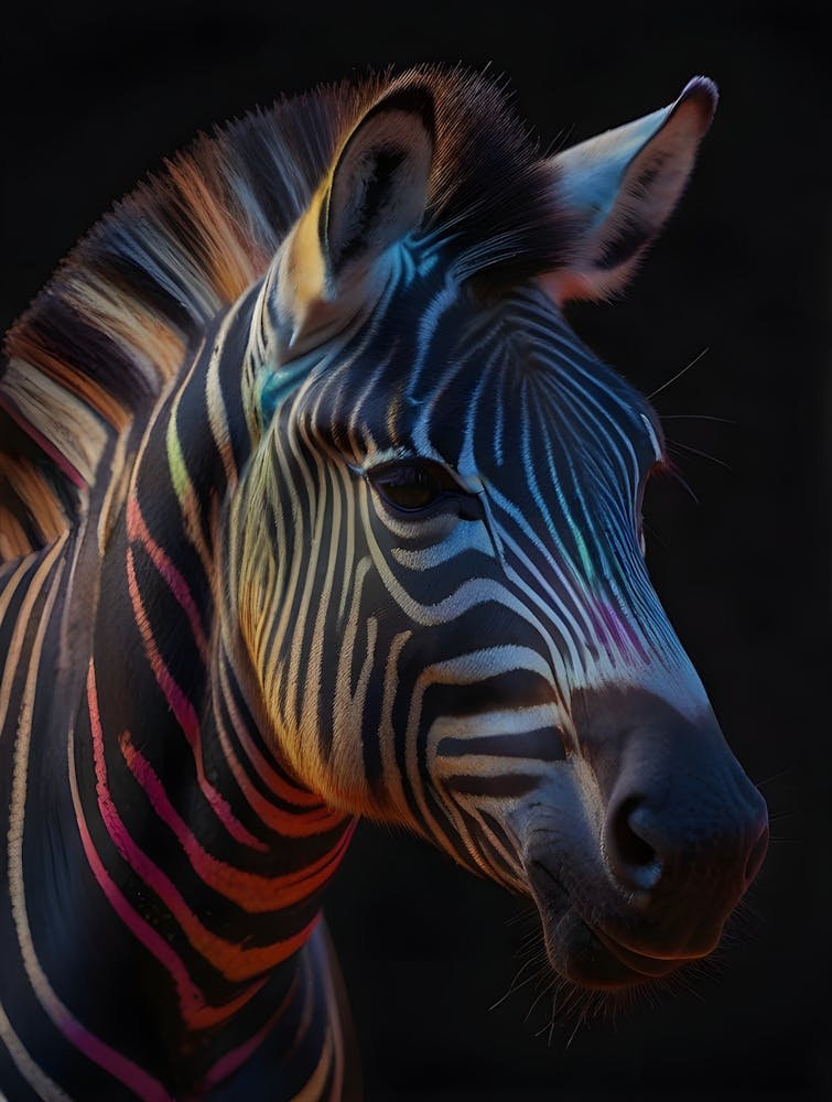 A stunning close-up of a zebra's head with vibrant, iridescent stripes illuminated in a spectrum of colors against a dark background.