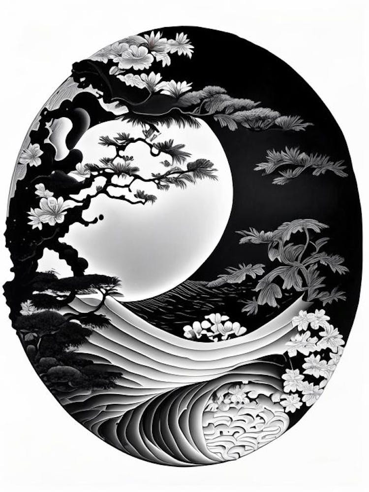 Yin et Yang Noir et Blanc 1, Style Ukiyo-e Japonais