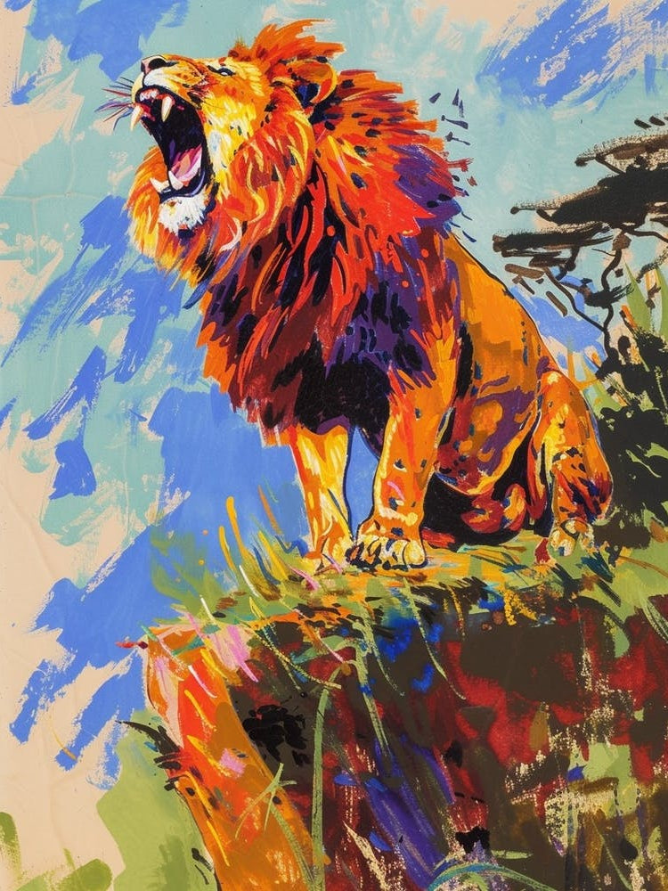 Masai Lion Roaring On A Cliff Fauvist Painting 3