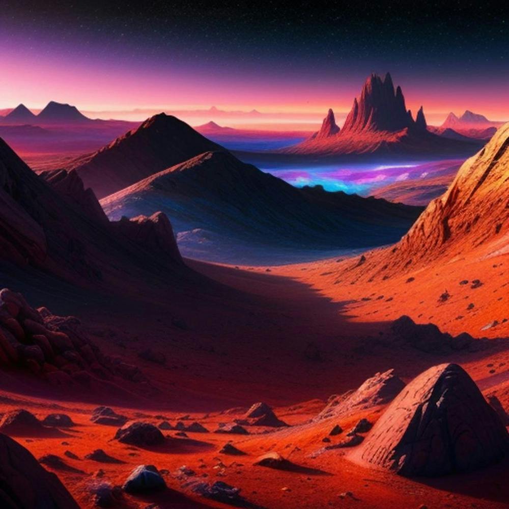 Cosmic Background, Alien Planet Deserted Landscape With Mountains