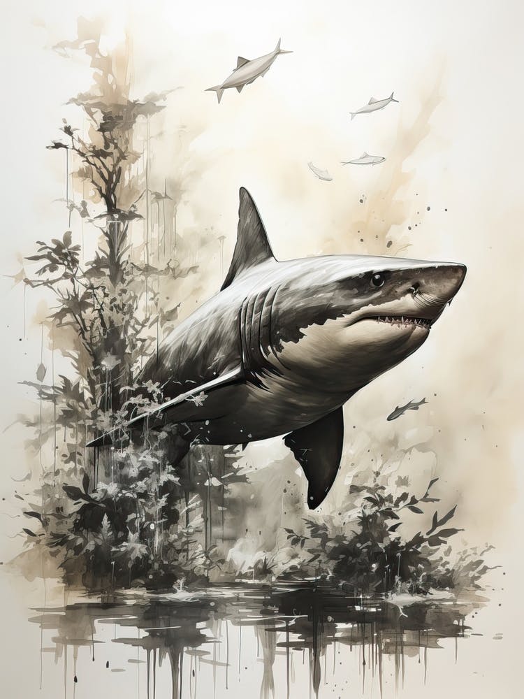 Shark, Japanese Brush Painting, Ukiyo E, Minimal 4