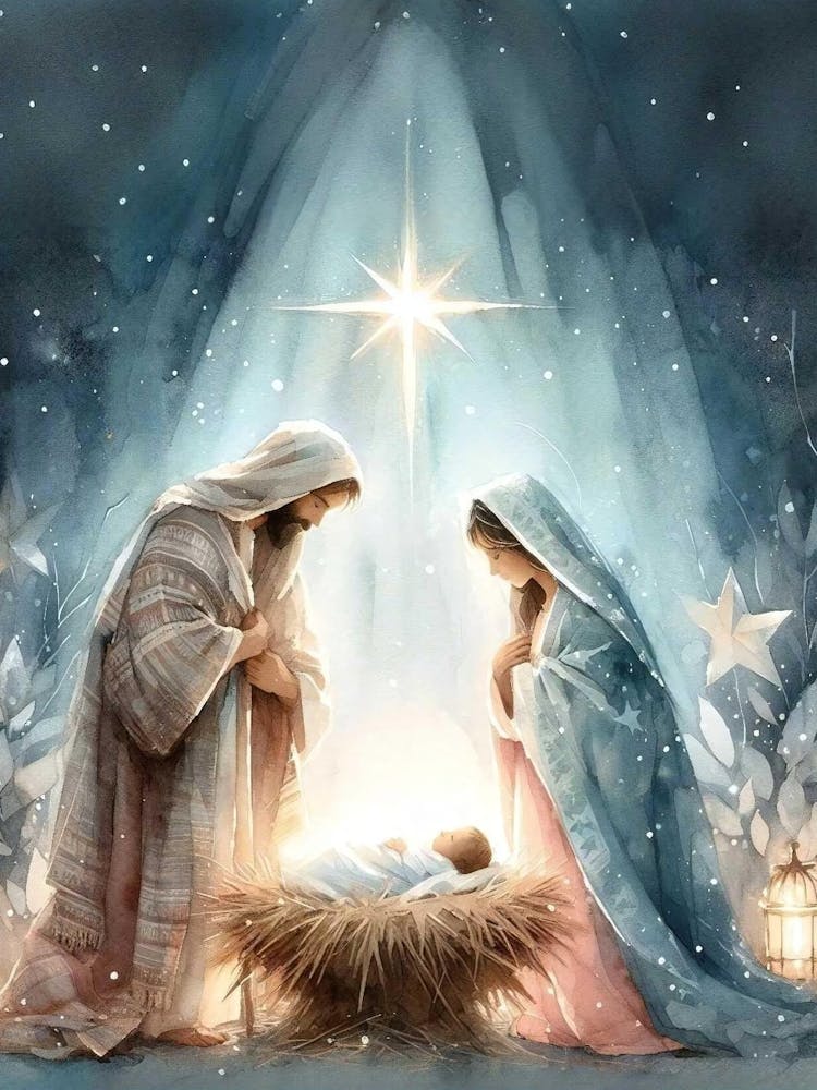 Birth Of Jesus Art, Nativity Painting, Star Of Bethlehem, Holy Family Painting, Joseph Virgin Mary And Baby Jesus, Christmas Christian Art
