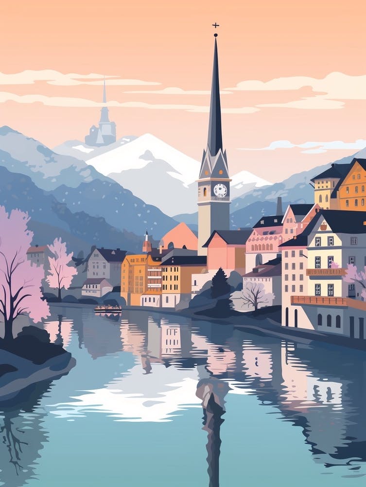 Vintage Winter Travel Illustration Lucerne Switzerland 3