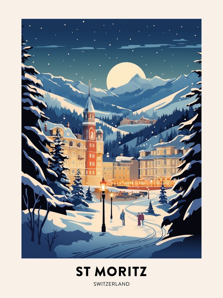 Winter Night  Travel Poster St Moritz Switzerland 1