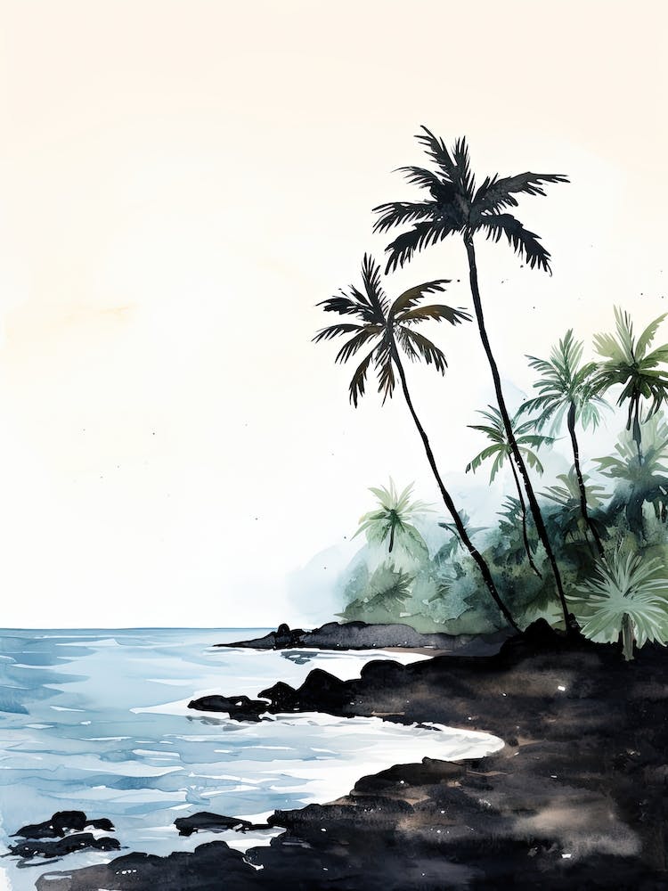 Watercolour Of Twai Anapanapa Black Sand Beach   Maui Hawaii Usa 2
