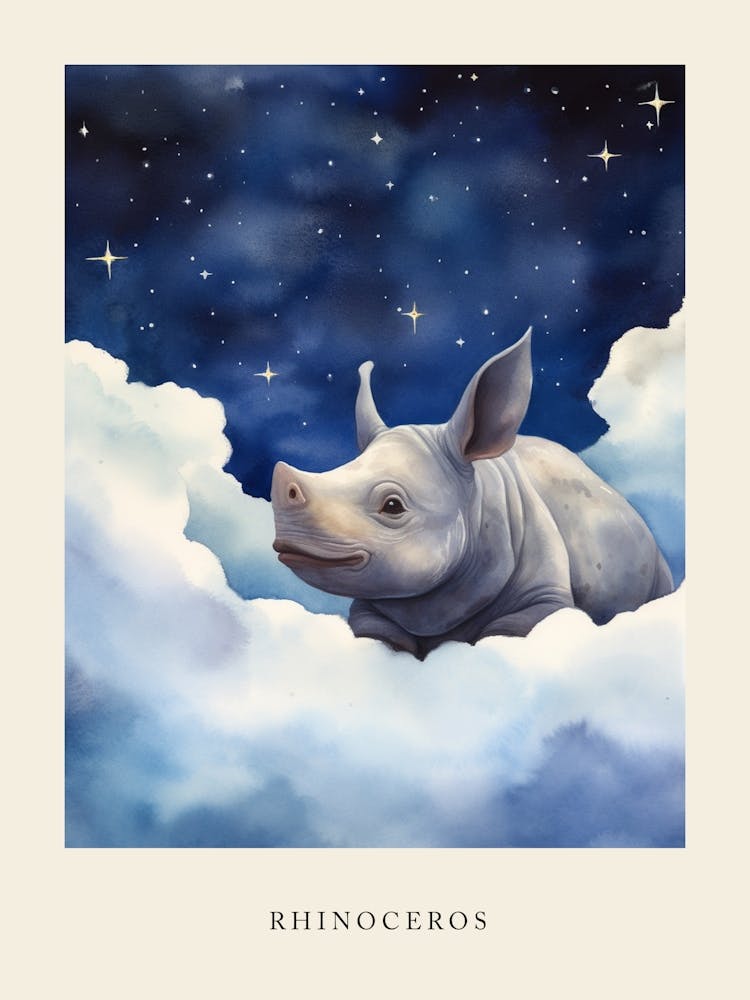 Baby Rhinoceros Sleeping In The Clouds Nursery Poster
