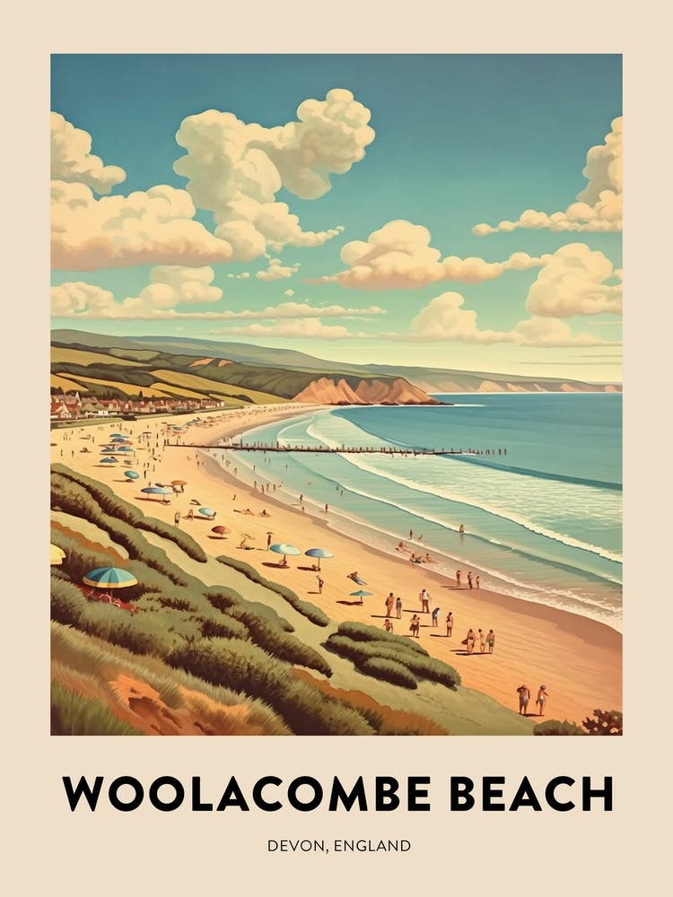 Devon Vintage Travel Poster Woolacombe Beach 2
